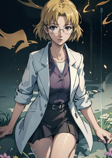 masterpiece,  (volumetric lighting:1.5), (atmospheric:1.5), best quality, best artist, 4k wallpaper, 1girl, ritsuko, lab coat, blonde hair, glasses, happy, large breasts, looking at viewer, solo, crawling, flower field <lora:ritsukoAkagi_v10:0.5>