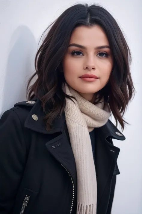 a woman with a scarf and jacket posing for a picture