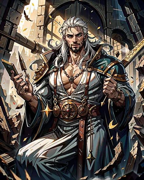 ((masterpiece), best quality, high quality, professional quality, highly detailed, highres, perfect lighting, natural lighting), (1boy, muscular, handsome, goatee, long hair, white hair), wearing wizard robes, casting a spell, in a castle