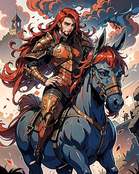 ((masterpiece), best quality, high quality, professional quality, highly detailed, highres, perfect lighting, natural lighting), (1boy, overweight, handsome, goatee, medium length hair, red hair), wearing armor, riding a horse, on a battlefield