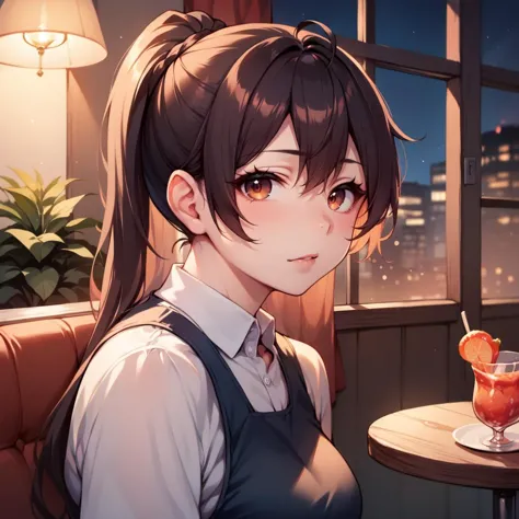 anime girl with ponytail hair sitting at a table with a drink