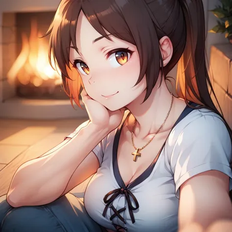 anime girl sitting on the floor with her hand on her chin