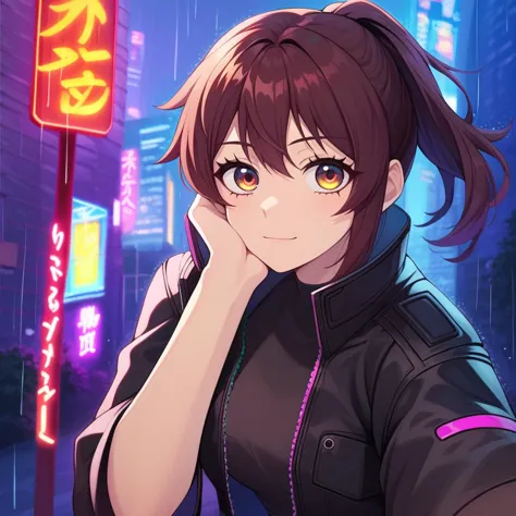 anime girl in black jacket standing in the rain with her hand on her face