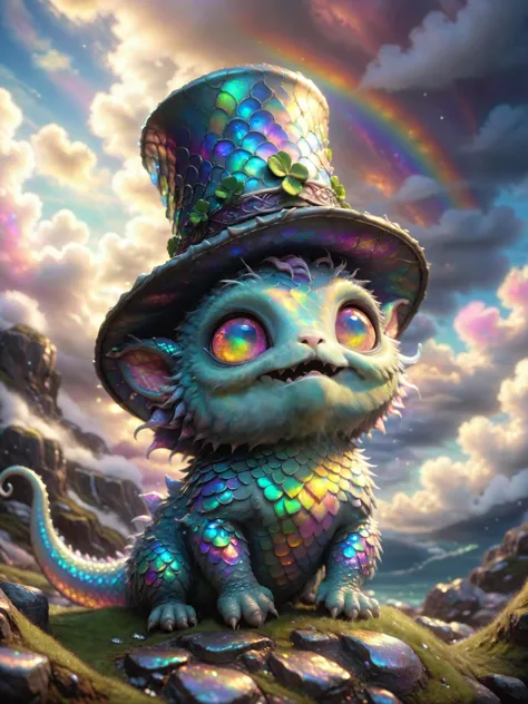 a painting of a cat with a hat and rainbows on it