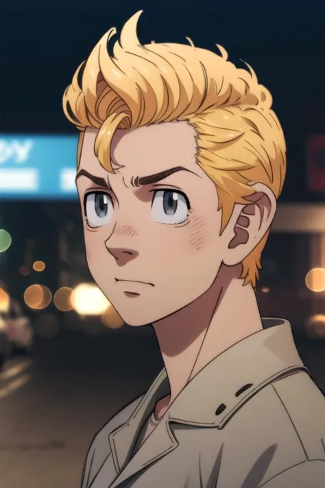 a man with blonde hair and blue eyes standing in front of a city street