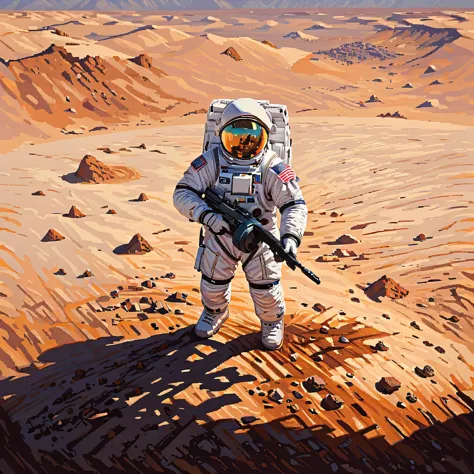 astronaut in the desert with rifle and helmet on