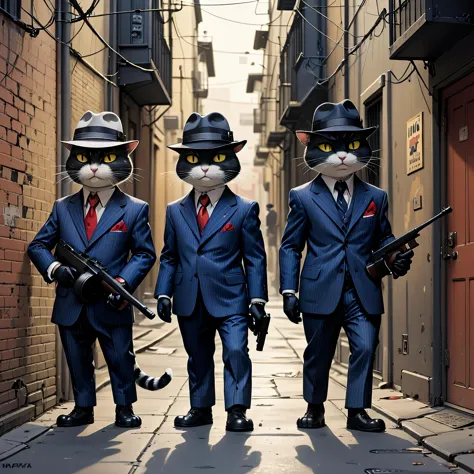 three cats in suits and hats walking down a narrow alleyway