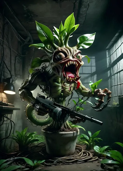 a close up of a plant with a gun in a pot