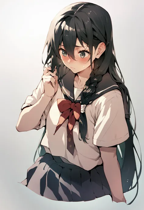 anime girl with long black hair and a white shirt and a red bow