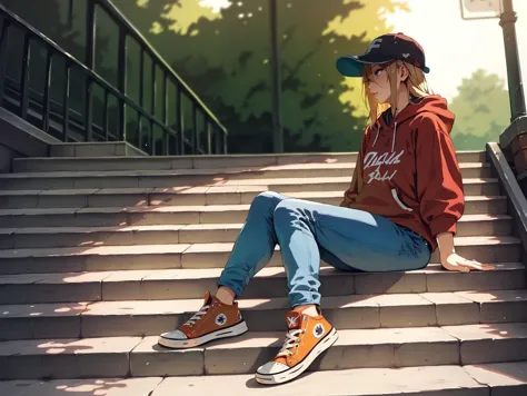 adult girl, blonde hair, blue eyes, red hoodie, orange converse, blue jeans, sitting on the stairs, baseball cap, looking to the side, skate park, <lora:takedaXLP6lokrV2233:0.8>, score_9, score_8_up, score_7_up, score_6_up