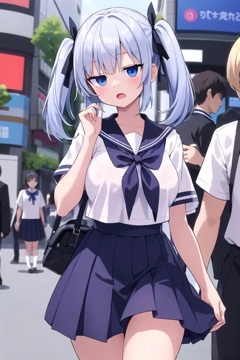 insanely detailed, absurdres, ultra-highres, ultra-detailed, best quality,
1 girl, solo, nice hands, perfect hands,
BREAK,
(wearing sailor school uniform, dark blue pleated skirt, white shirt),
(expressionless, open mouth:1.3),
standing, hand on own face,
from below, cowboy shot, looking at viewer, tilt head,
BREAK,
slender, kawaii, perfect symmetrical face, ultra cute girl, ultra cute face, ultra detailed eyes, ultra detailed hair, ultra cute, ultra beautiful,
by Canon EOS, SIGMA Art Lens 35mm F1.4, ISO 200 Shutter Speed 2000,
BREAK,
in harajuku, shibuya, tokyo, street, crowd, cityscape,
medium large breasts,
BREAK,
(white) blonde hair, short twintails, blue eyes, blue hair ribbon, hair between eyes