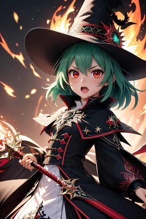 ultra detailed, sharp focus, best quality, masterpiece, colorful, <lora:edgBlackMage:0.5> edgBlkMage, wearing edgBlkMage, tiny pupils, red eyes, staff, enraged face, green hair, flames, best quality, masterpiece, intricate details