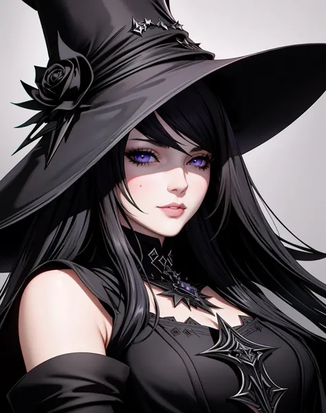 a close up of a woman wearing a witches hat and black dress