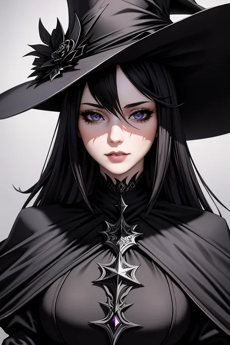 a woman in a witch hat and black dress with a black cape