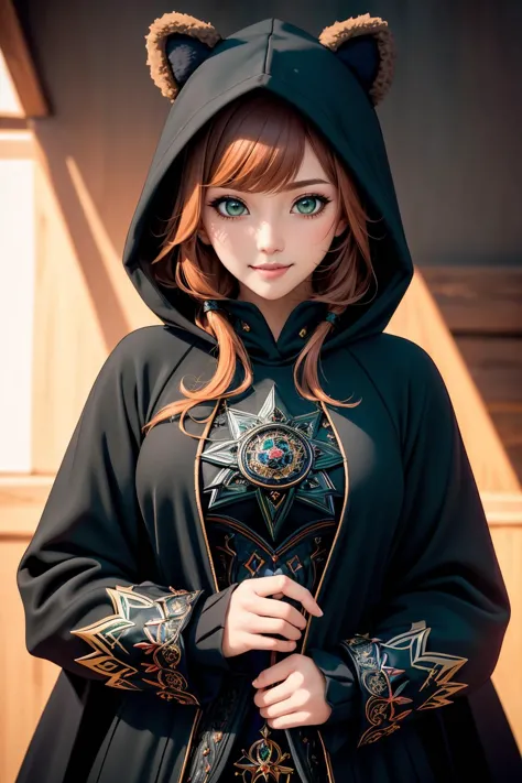 ultra detailed, sharp focus, best quality, masterpiece, colorful, <lora:edgBlackMage:0.45> edgBlkMage, wearing edgBlkMage, ginger hair, smile, green eyes, puffy lips, full lips, best quality, masterpiece, intricate details, cowboy shot,  <lora:p0tatcaho:0.8> p0tatcaho,animal hood, bear hoodie, hood up