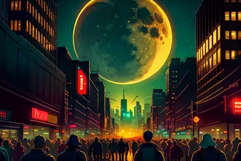 (masterpiece:1.2) (best quality:1.2) (award winning) (octane render) (photorealistic) digital urban illustration (bustling, crowded) sci-fi city (extreme detail) (perfect lines) (dof) (sharp) (dark shadows) (soft lighting)
BREAK
massive moon in the sky night (dof:0.05) (cinematic) (gritty)
BREAK
crowd in the foreground (dof:0.126) (blurry) (8k) (HDR) (wallpaper)