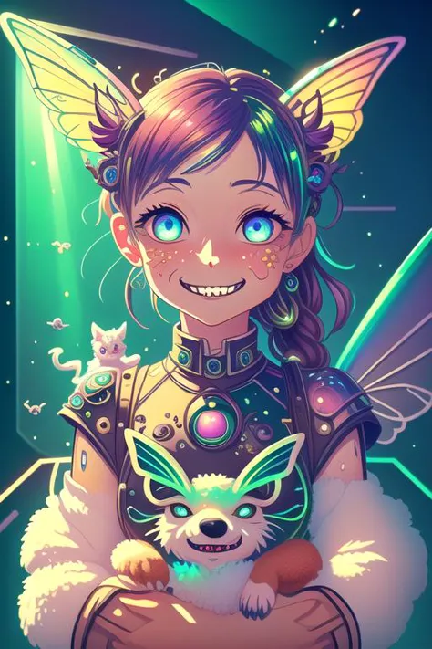 a girl with a cat and a fairy costume holding a small animal