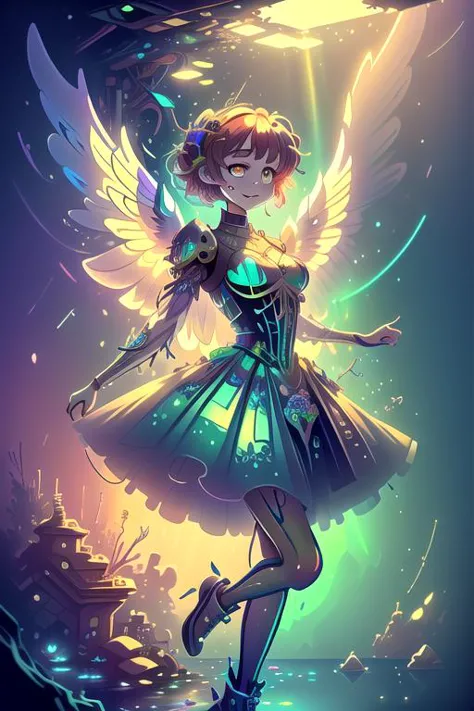 a girl with a dress and wings in the air