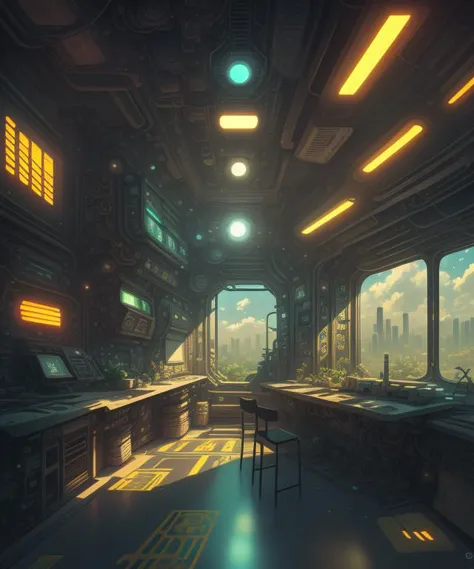 a view of a sci - fiction spaceship with a desk and a chair