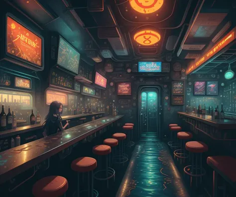 a dimly lit bar with a row of stools and neon signs