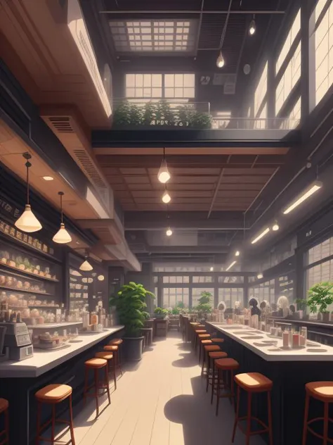 a rendering of a restaurant with a long counter and a bar