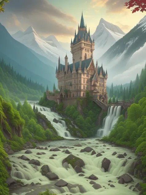 a painting of a castle in the middle of a mountain