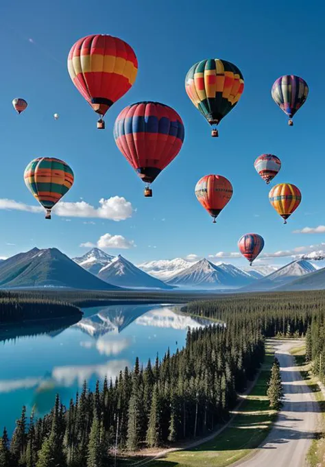 a group of hot air balloons flying over a lake, trending on imagestation, banff national park, very beautiful scenery, hovering above a lake in yukon, beautiful!!!! museum photo, flying rocky island, travel guide, soap bubbles, blog-photo, connectedness, realistic sky