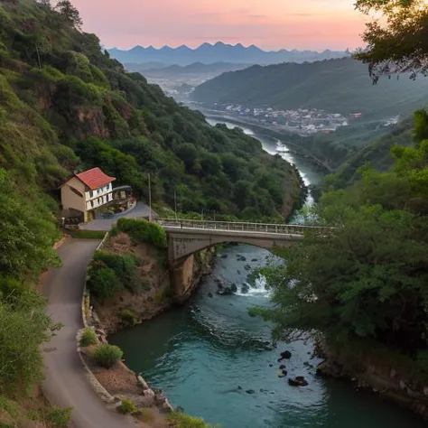 a view of a bridge over a river with a small house on the side