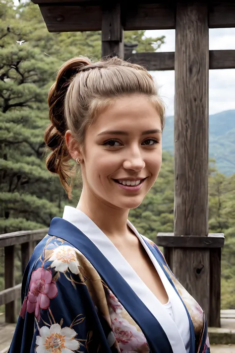 (masterpiece:1.2), ultra detailed,  <lora:adele:0.9>, Adeleexarchopoulos,  on a bridge,  kimono, close, outside, stairs, smile, closed mouth,  japanese temple, moutain, forest, beautiful face, Torii, best quality, ((night)), <lora:Adddetail:0.7>, looking at the viewer, (hero view:1.3), (close:1.2), upper-body