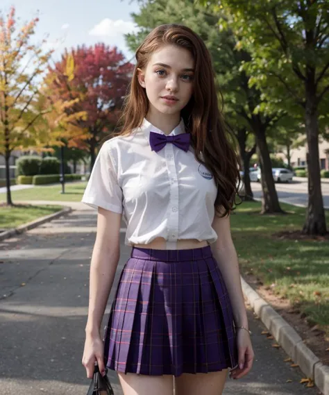 arafed woman in a skirt and bow tie standing on a sidewalk