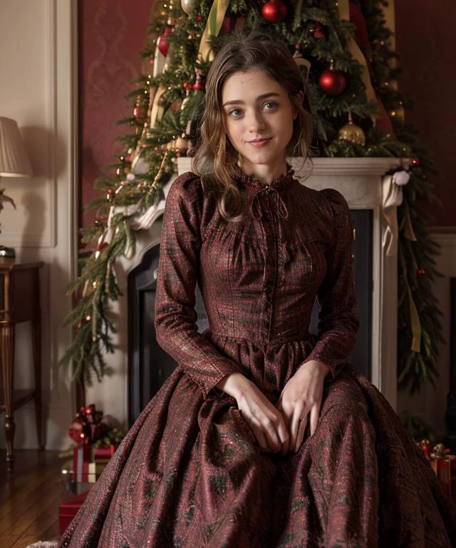 RAW, 50mm f 1.2, full body photograph or gorgeous fit, thin  n4t4l14d, face ,   wearing a red Victorian dress posing in front of ((Christmas tree)) in large Victorian Room, fireplace, eye contact, flirty smile, hyperdetailed 
