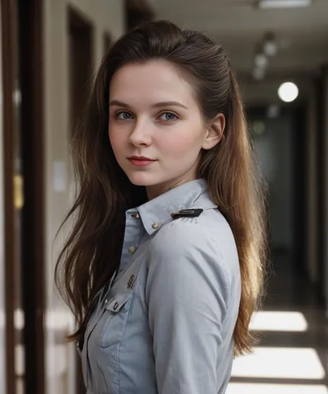 a close up of a woman with long hair and a blue shirt