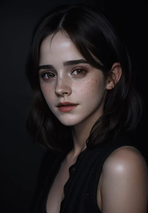 (RAW photo, best quality), (realistic, photo-realistic:1.2), emwats0n , high quality, (high detailed skin:1.4), puffy eyes, gorgeous hair, (dark room:1.3), (rim lighting:1.3), (dimly lit:1.3), (dark night:1.3), indoors, portrait, black hair, dark background, short hair,