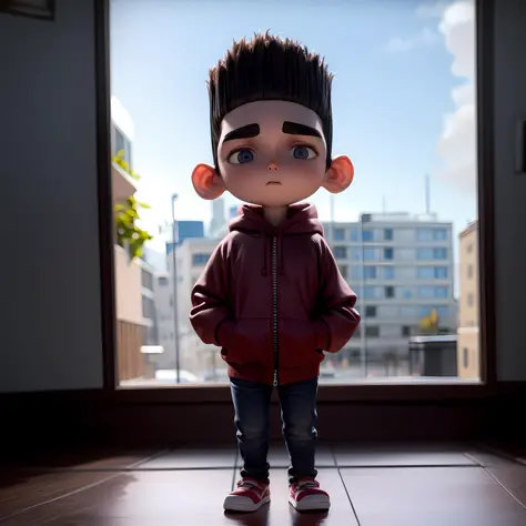 ((masterpiece, best quality)),(complex lighting),1boy,solo, full body, norman, <lora:Paranorman_Norman1-10:0.6>,child,thick eyebrows, hoodie