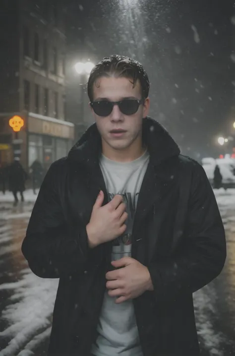 arafed man in sunglasses standing in the snow on a city street