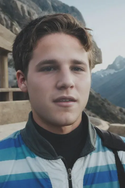 a close up of a man with a backpack standing in front of a mountain