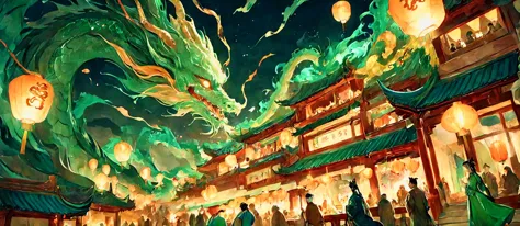 ((masterpiece)) Envision a vibrant Lunar New Year celebration at night, under the glow of a full moon. An intricately detailed d...