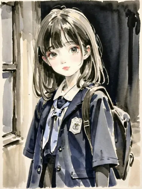 <lora:xl_shuimo-000012:1>,ink wash painting,1girl,school uniform,