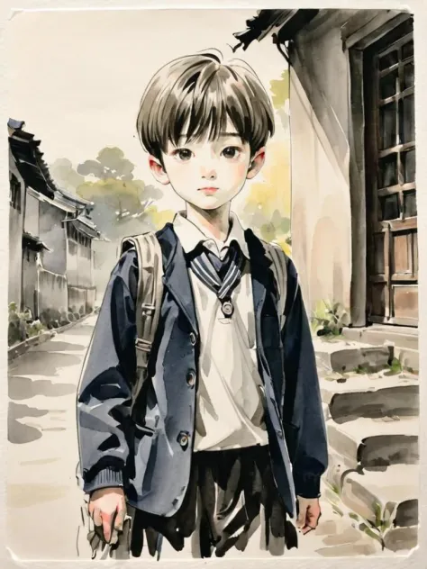 <lora:xl_shuimo-000012:1>,ink wash painting,1boy,school uniform,
