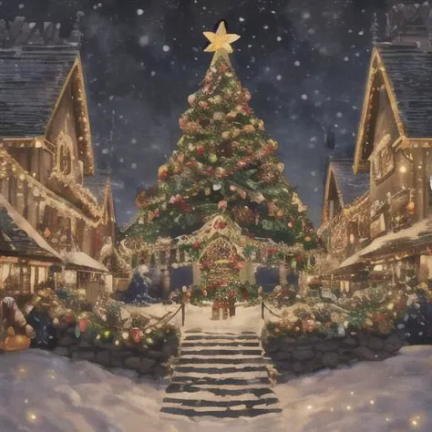 a painting of a christmas tree in a snowy town with a star on top