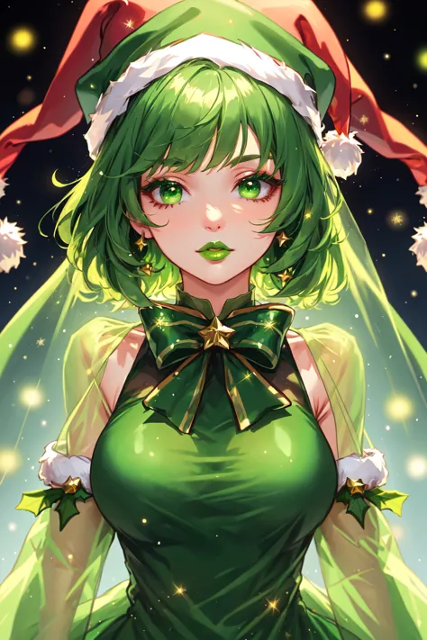 a girl in a green dress and santa hat with green eyes