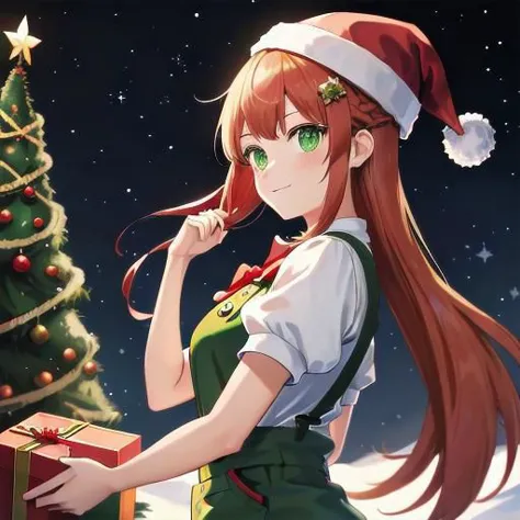 Christmas Theme,  1 girl,  solo,  green eyes,  santa hat,  holding lights,  happy,   two tone hair, red hair, green hair, long hair,  bangs,  hair_ornament,  puffy_sleeves,  shirt,  short_sleeves,  suspenders,  vfxfriday,  cottagepunk,  rtx, studio anime, profile, from the side, amazing detail, ultra sharp, norwegian christmas,  unreal engine 5, nijijourney style