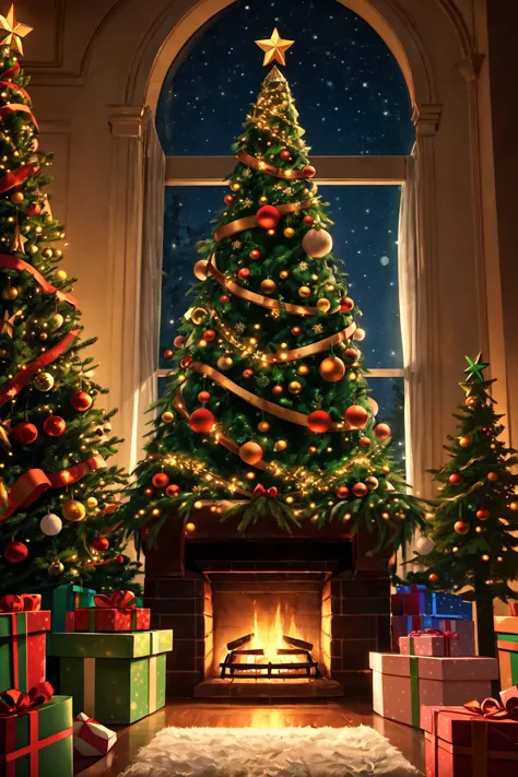 a close up of a christmas tree with presents in front of a fireplace