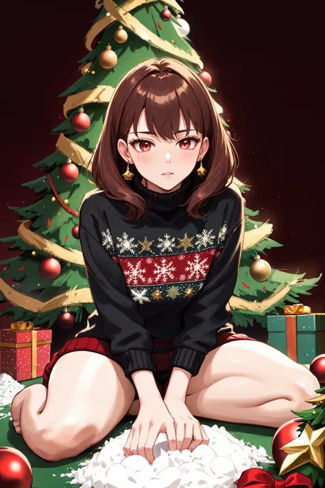 a young woman wearing an ugly sweater and sitting on a floor near christmas tree snorting cocaine,  drugcore,  in the style of light red and dark brown,  romantic motifs,  ferrania p30,  princesscore,  bold colors,  strong lines,  feminine body,  milleniwave,