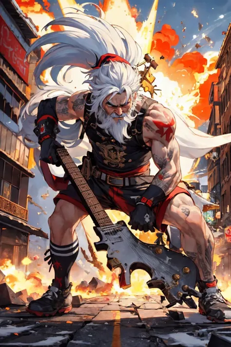 (SFW), legendary outsider santa claus,
he is saint punk, brutal tattoos, fashionable, sophisticated,
outdoor, in public, rampage in the city with guitar axe, at holy day, 
initial impulse, destructive impulse, destroyism, no future, anarchism, god save the queen, irony,
(((extreme dynamic snapshot), explode energy and dynamism and sense of speed)), full body,
(masterpiece), (best quality), (extremely detailed), (vivid colorful image),
crisp image, sharp image, clear image, vivid image, noiseless image,
finely detailed body, detailed hair, detailed face detailed eyes,
extreme detailed background,