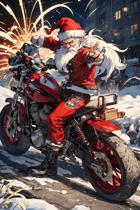 (SFW), legendary outsider santa claus,
he is punk, brutal tattoos, fashionable, sophisticated,
outdoor, in public, rampage in the city with red guitar, at holyday, 
initial impulse, destructive impulse, destroyism, no future, anarchism, god save the queen, irony,
((excitement effects), (action effects and lines), (impact effects), (dynamic hair)), full body,
(masterpiece), (best quality), (extremely detailed), (vivid colorful image),
crisp image, sharp image, clear image, vivid image, noiseless image,
finely detailed body, detailed hair, detailed face detailed eyes,
extreme detailed background,