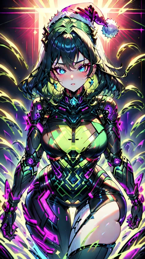 a woman in a futuristic outfit with a glowing background