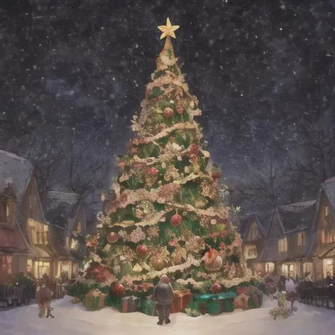 painting of a christmas tree in a snowy village with a person standing in front of it