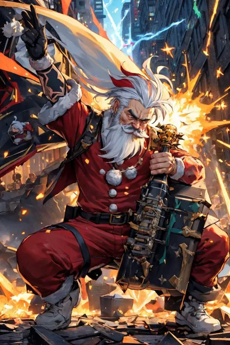 (SFW), legendary outsider santa claus,
he is saint punk, brutal tattoos, fashionable, sophisticated, (wearing santa clothes),
outdoor, in public, rampage in the city with saint guitar, in saint night, in front of christmas tree, 
initial impulse, destructive impulse, destroyism, no future, anarchism, god save the queen, irony,
(((extreme dynamic snapshot), explode saint energy and dynamism)), full body,
(masterpiece), (best quality), (extremely detailed), (vivid colorful image),
crisp image, sharp image, clear image, vivid image, noiseless image,
finely detailed body, detailed hair, detailed face detailed eyes,
extreme detailed background,