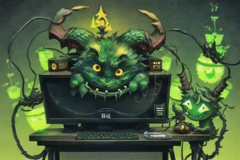 there is a computer with a green monster on it